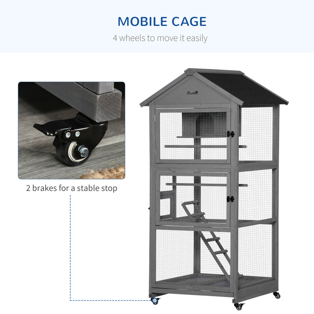 Bird Cage budgie cage Wooden Outdoor Aviary with Wheels for Canary Finch with Asphalt Roof Perch Nest Ladder Slide-out Tray, Grey