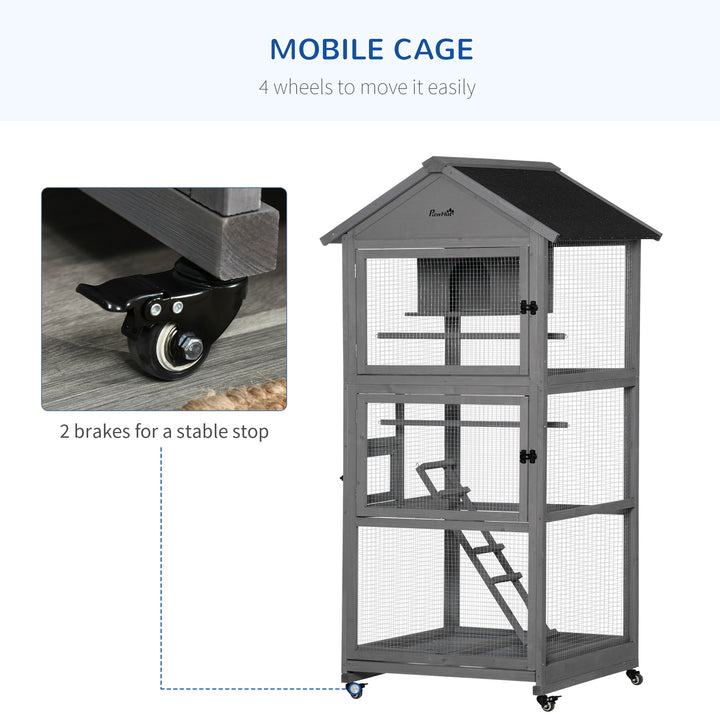 Bird Cage budgie cage Wooden Outdoor Aviary with Wheels for Canary Finch with Asphalt Roof Perch Nest Ladder Slide-out Tray, Grey