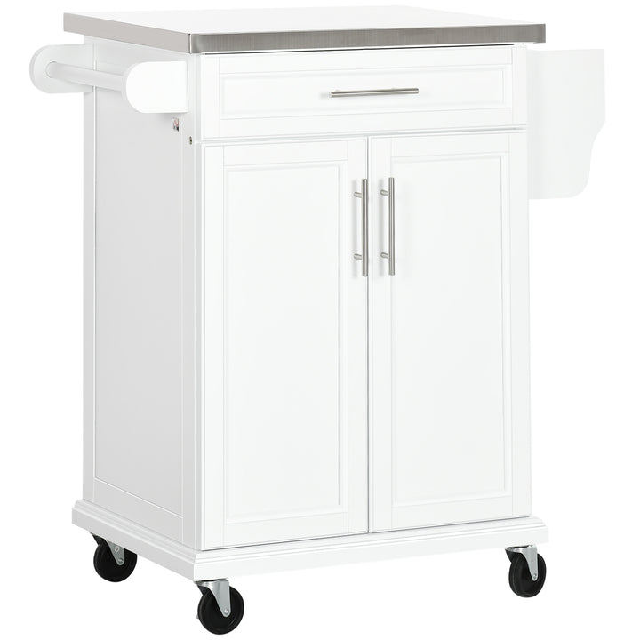 HOMCOM White Wooden Freestanding Kitchen Island on Wheels, Serving Cart Storage Trolley w/ Stainless Steel Top, Drawer, Side Handle & Rack | Aosom UK