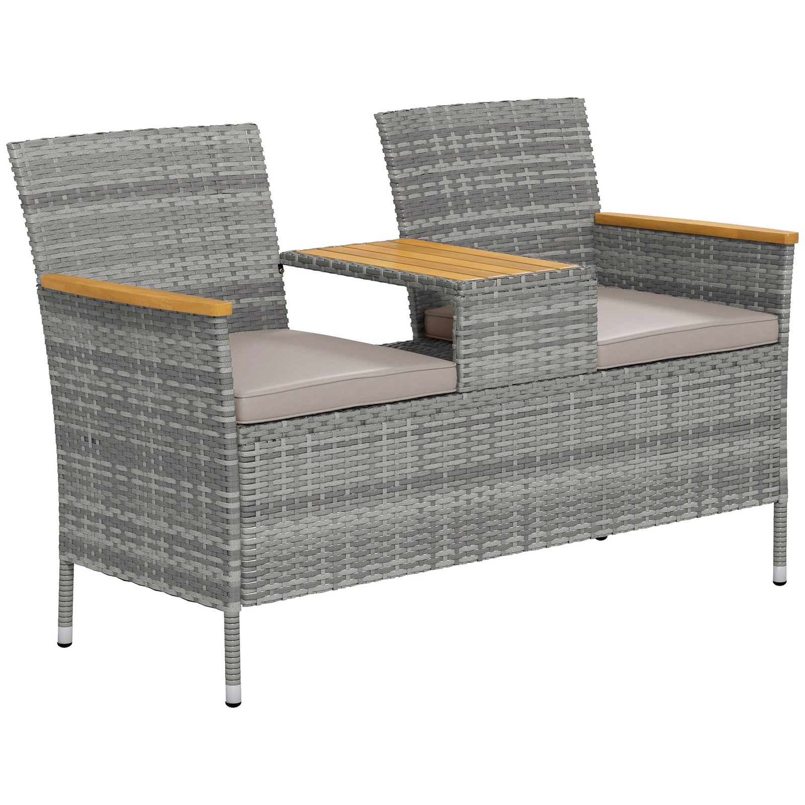 Two-Seat Rattan Loveseat, with Wood-Top Middle Table - Grey