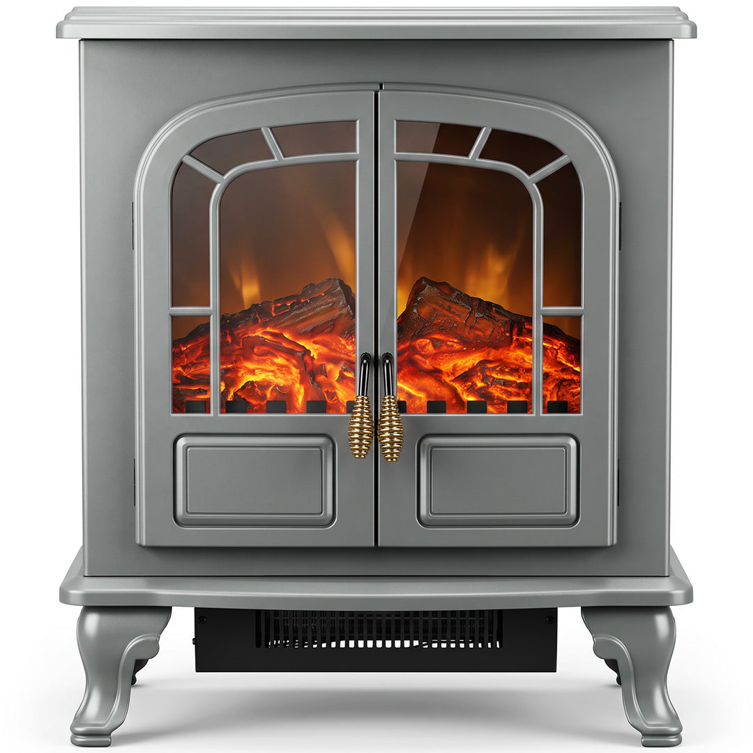 HOMCOM Electric Fireplace Stove Heater with LED Fire Flame Effect, Double Door, Freestanding &amp; Portable with Overheat Protection, 1000W/2000W - Grey