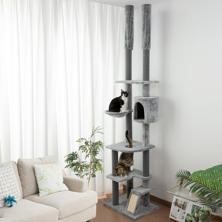 225-255cm Floor to Ceiling Cat Tree, Large Cat Tower w/ Cat Scratching Posts, Ramp, Cat House