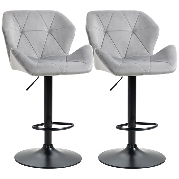 HOMCOM Set Of 2 Bar Chair With Backs, Velvet-Touch Bar Stools w/ Metal Frame Footrest, Adjustable Height Swivel Grey | Aosom UK