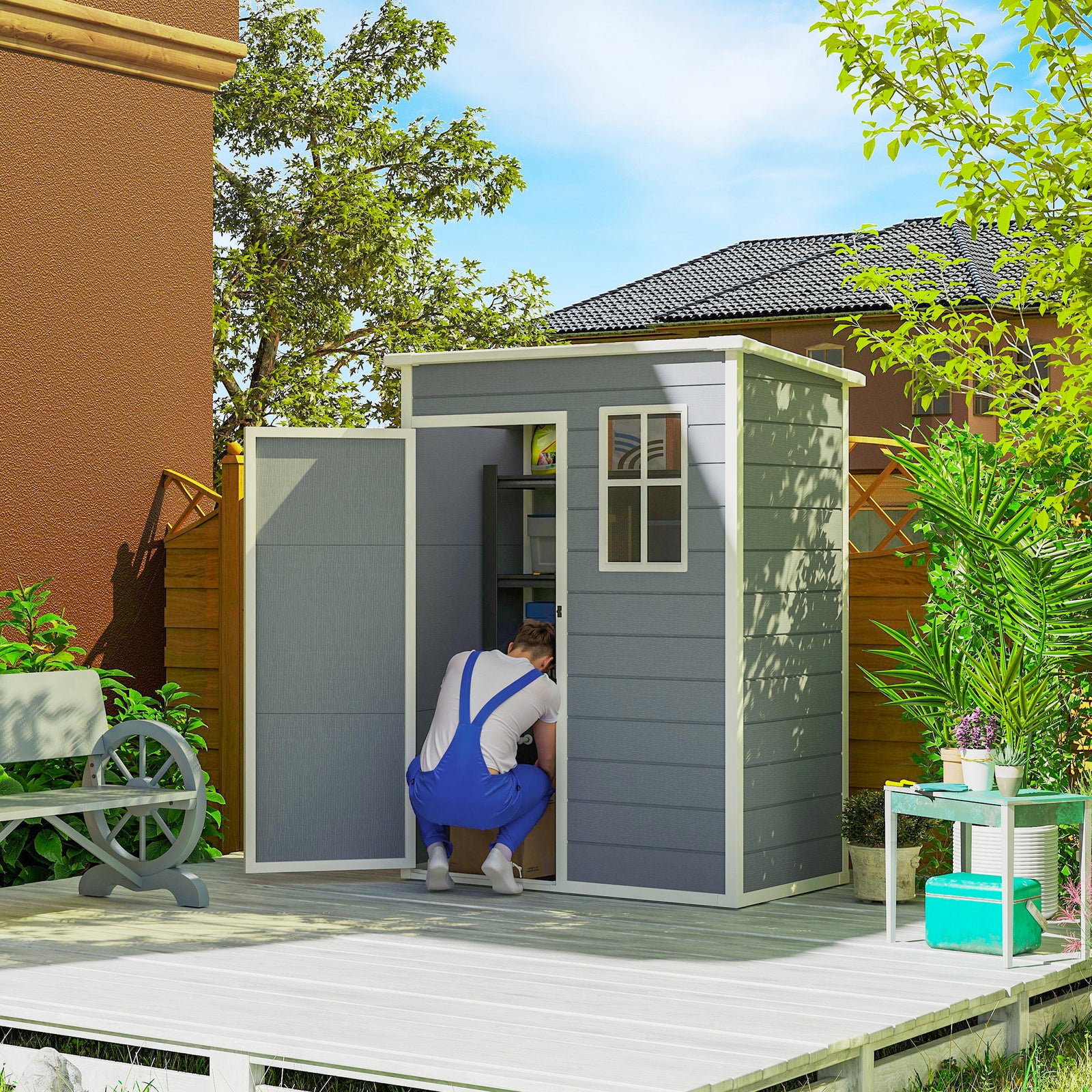 5' x 3' Garden Shed with Floor, Outdoor Storage Shed with Lockable Door, Window and Vent for Garden, Patio, Grey