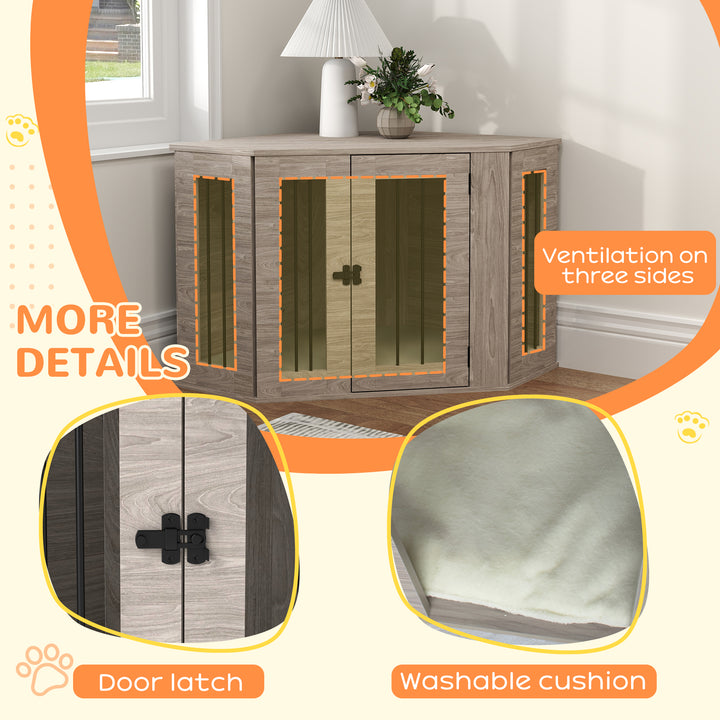 Dog Crate Furniture Side Table, with Cushion, 104 x 55 x 63cm - Walnut Brown