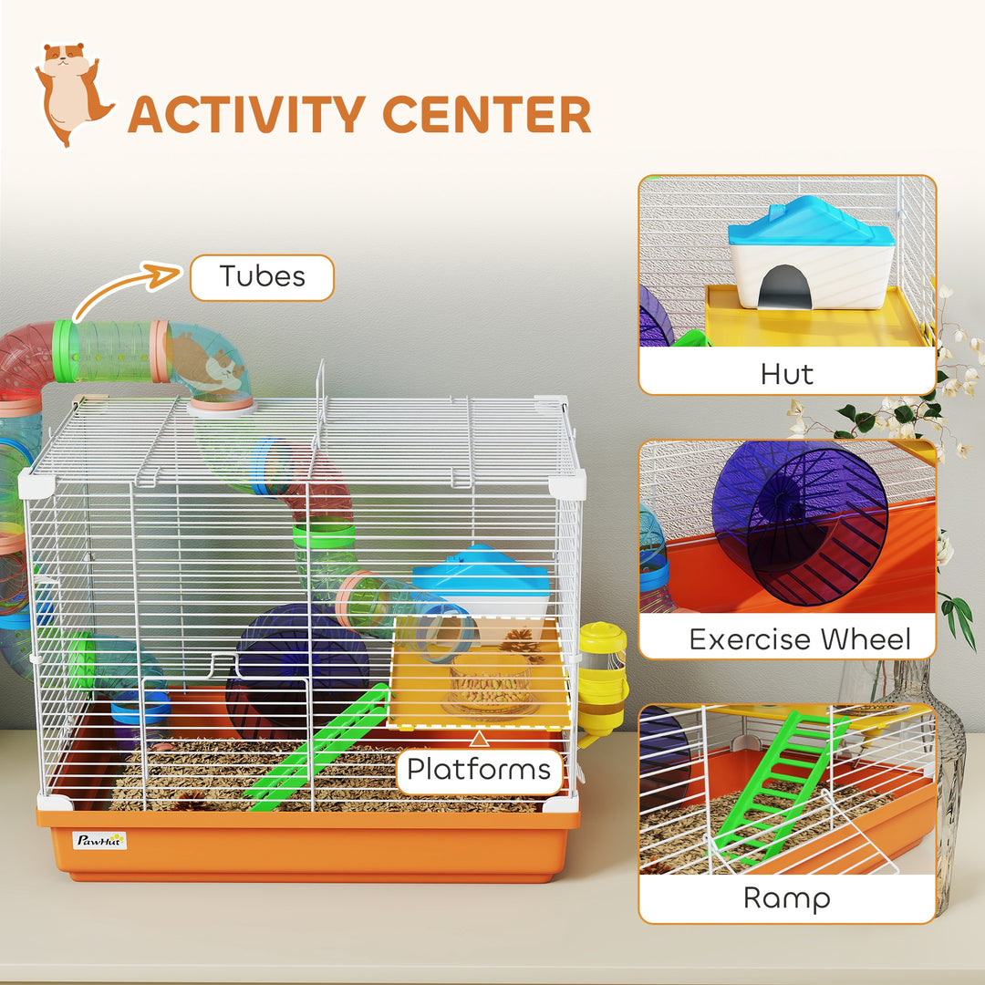 2 Tier Hamster Cage, Gerbil Cage with Handle, Exercise Wheels, Tunnel,