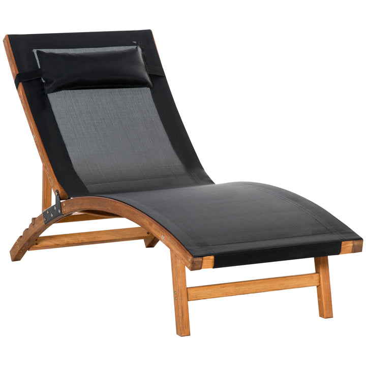 MCL Ergonomic Patio Lounge Chair Wooden Outdoor Chaise w/ 3 Adjustable Back and Removable Headrest Pillow for Garden Black