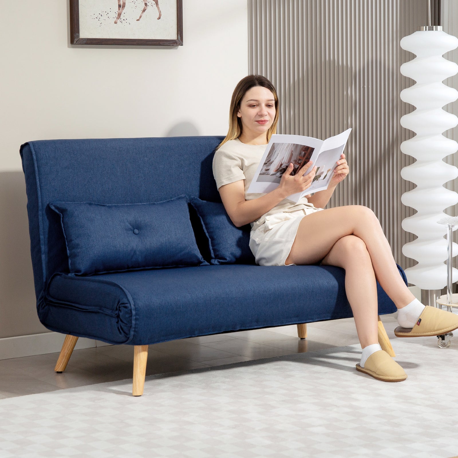 Two-Seater Linen-Look Sofa Bed - Dark Blue