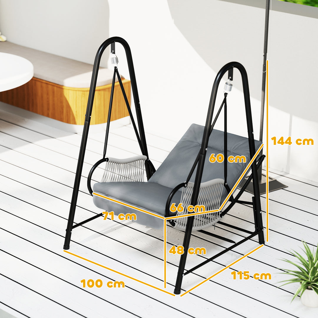 Rattan Swing Chair, Outdoor Garden Hanging Swing Seat with Stand and Seat Cushion, Porch Hanging Chair for Balcony, Garden, Deck, Light Grey