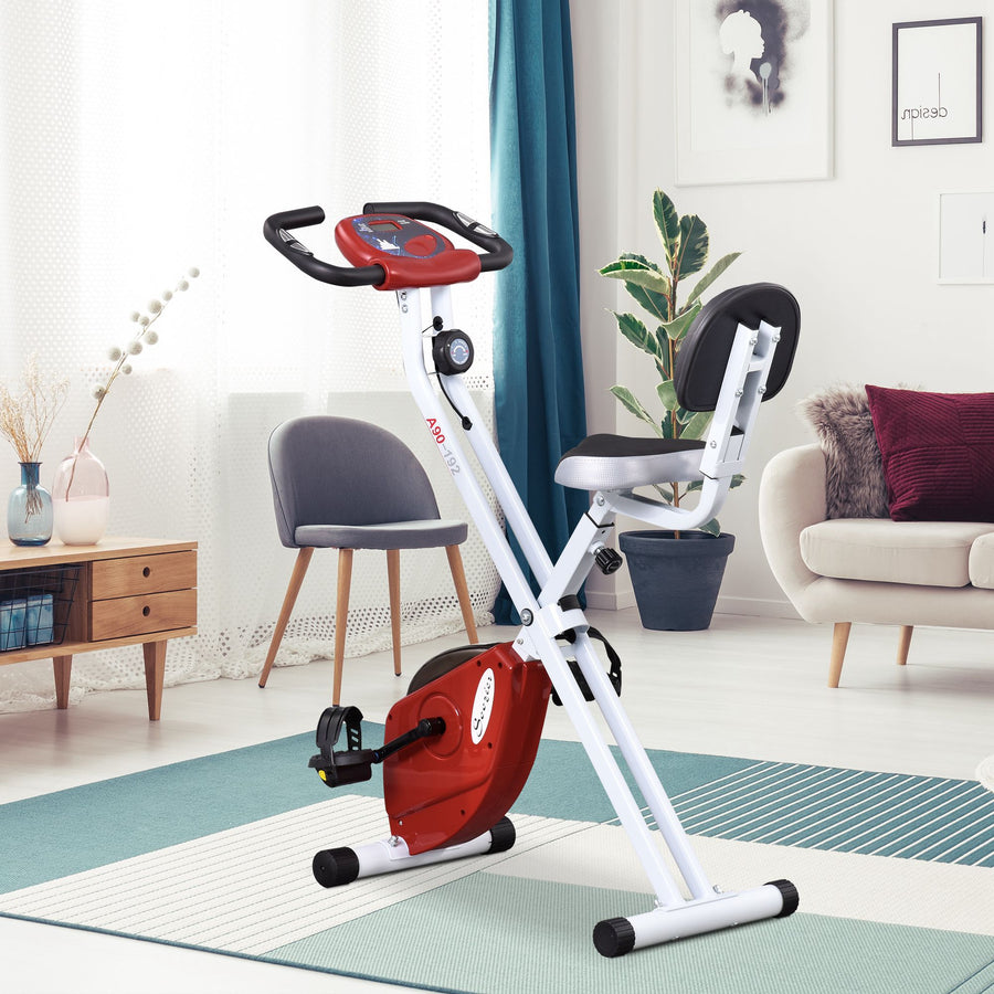 Folding Exercise Bike, Fitness Bicycle Indoor Trainer, 8-Level Magnetic Resistance Adjustable, with LCD Monitor, Pulse Sensor, Red