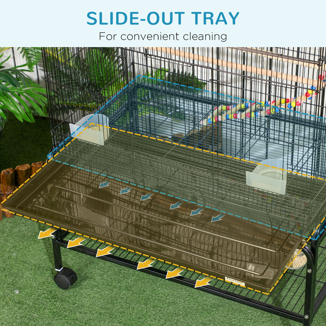 PawHut Steel Budgie Cage 133cm High with Stand, Slide-Out Tray, Toys, Storage Shelf for Canaries, Finches, Lovebirds, Parakeets, Black | Aosom UK