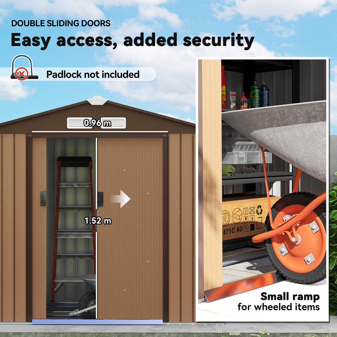 MCL 7 x 4ft Lockable Metal Garden Tool Storage Shed, Outdoor Storage Shed with Foundation and vents, Light Brown