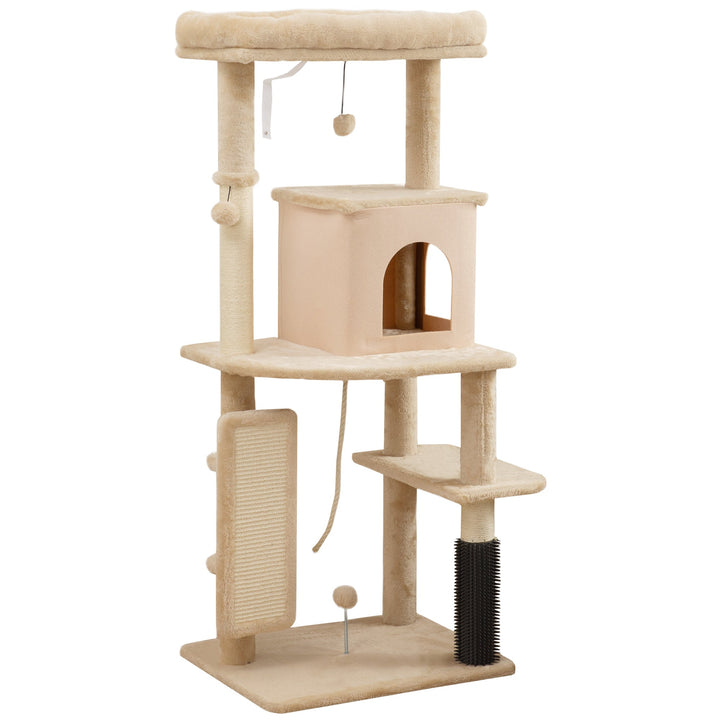 132cm Cat Tree w/ Scratching Posts, Pad, Cat Bed, Cat House, Jumping Platform, Grooming Brush, Anti-Tip Kit