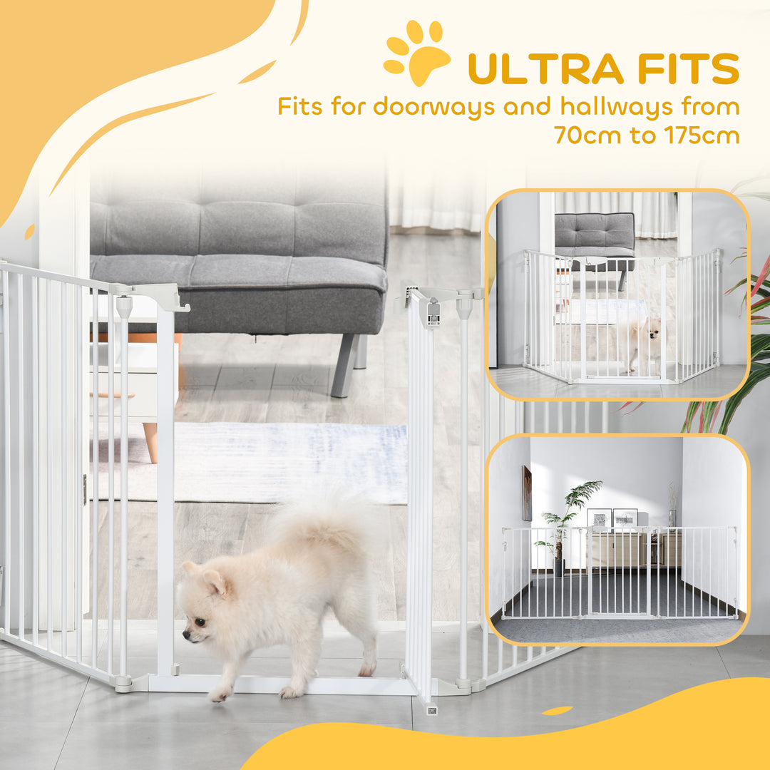MCL Pet Safety Gate, 3 Panels Playpen Fireplace, Foldable Metal Fence, Stair Barrier, Room Divider, Fire Guard w/ Automatic Closing Door, White