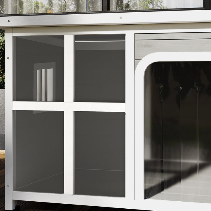 Wooden Outdoor Dog House with Asphalt Openable Top, Removable Floor, Clear Front Panel, Curtain, Light Grey