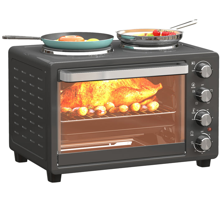 28L Mini Oven with 2 Hot Plates, Countertop Toaster Oven, Grill, Roast, Bake, Boil, with Timer, Adjustable Temperature, Electric Oven with Baking Tray, Grill Rack, Crumb Tray, 2600W, Black