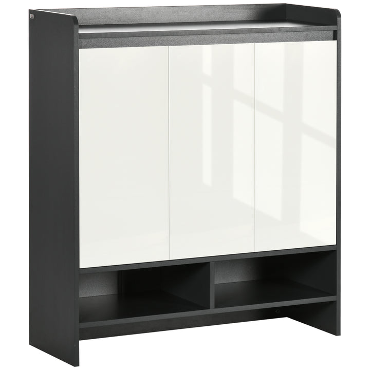 High Gloss Shoe Cabinet with White Doors and Open Shelves, Hallway Shoe Cupboard Storage Organizer for 19 Pairs of Shoes, Grey
