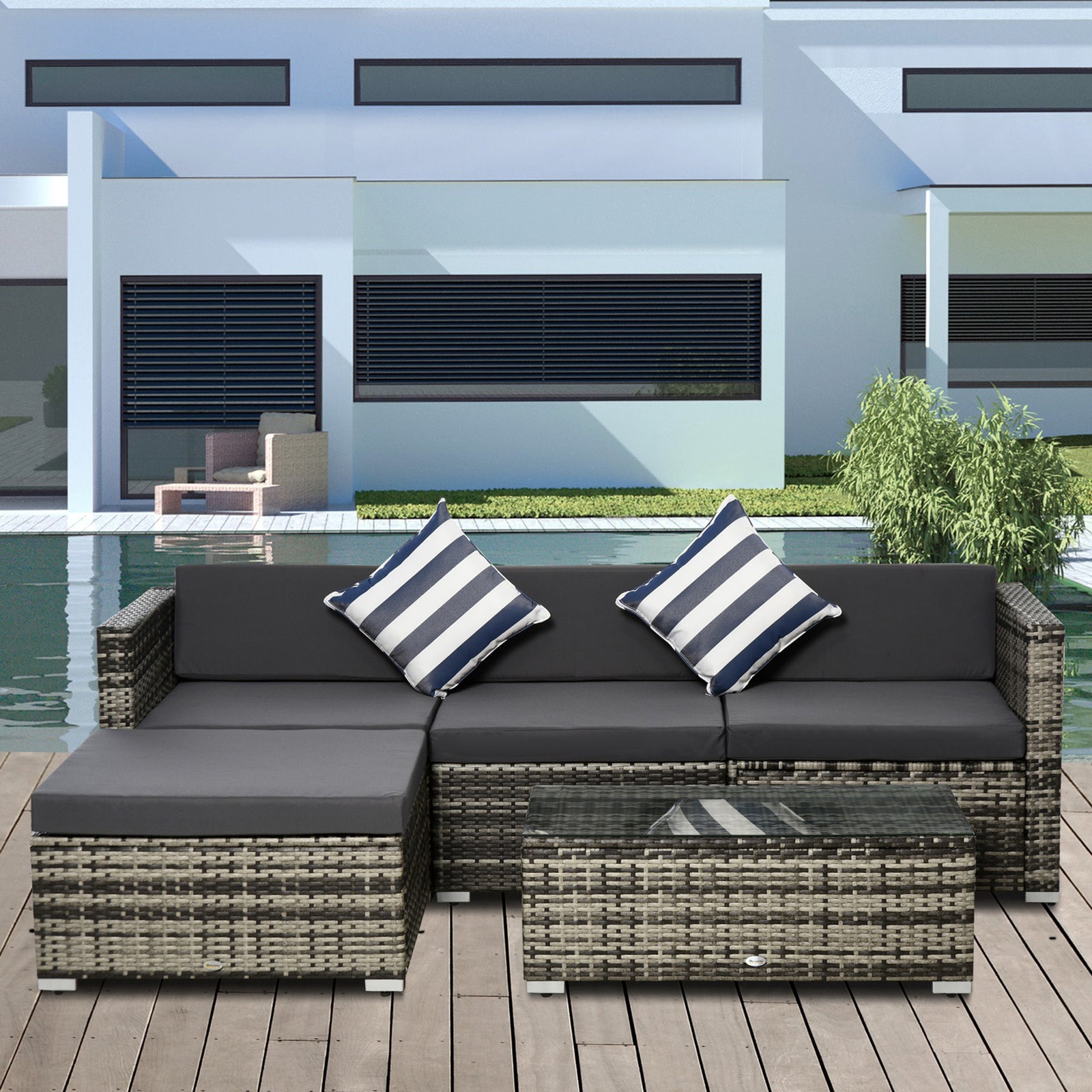 4-Seater Rattan Sofa Set Wicker Sectional Furniture Cushion Grey Garden