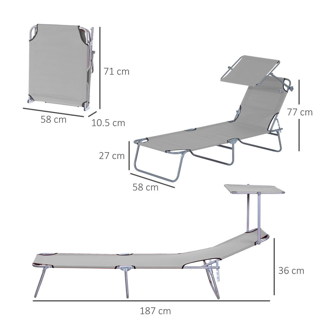 2 Pieces Outdoor Foldable Sun Lounger, 4 Level Adjustable Backrest Reclining Sun Lounger Chair with Angle Adjust Sun Shade Awning for Beach, Garden, Patio, Light Grey
