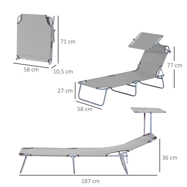 2 Pieces Outdoor Foldable Sun Lounger, 4 Level Adjustable Backrest Reclining Sun Lounger Chair with Angle Adjust Sun Shade Awning for Beach, Garden, Patio, Light Grey