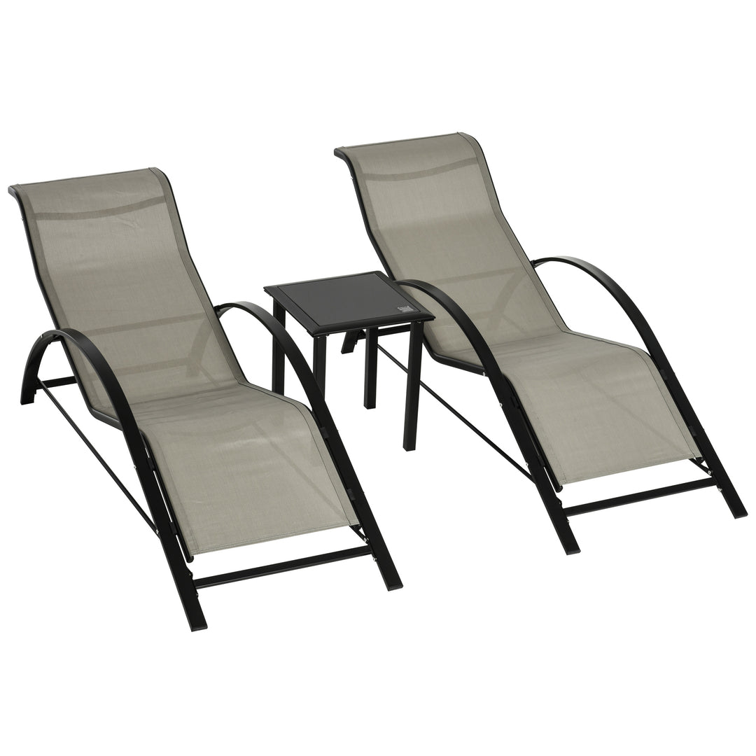3 Pieces Sun Lounger Chair Set, Metal Frame Garden Outdoor Sunbathing Chair with Side Table and Armrest, Grey