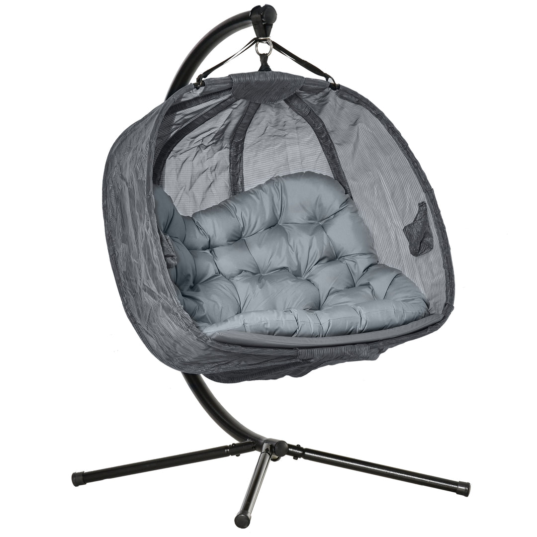 Double Hanging Egg Chair 2 Seaters Texteline Swing Hammock Chair with Stand, Cushion and Folding Design, for Indoor and Outdoor, Grey