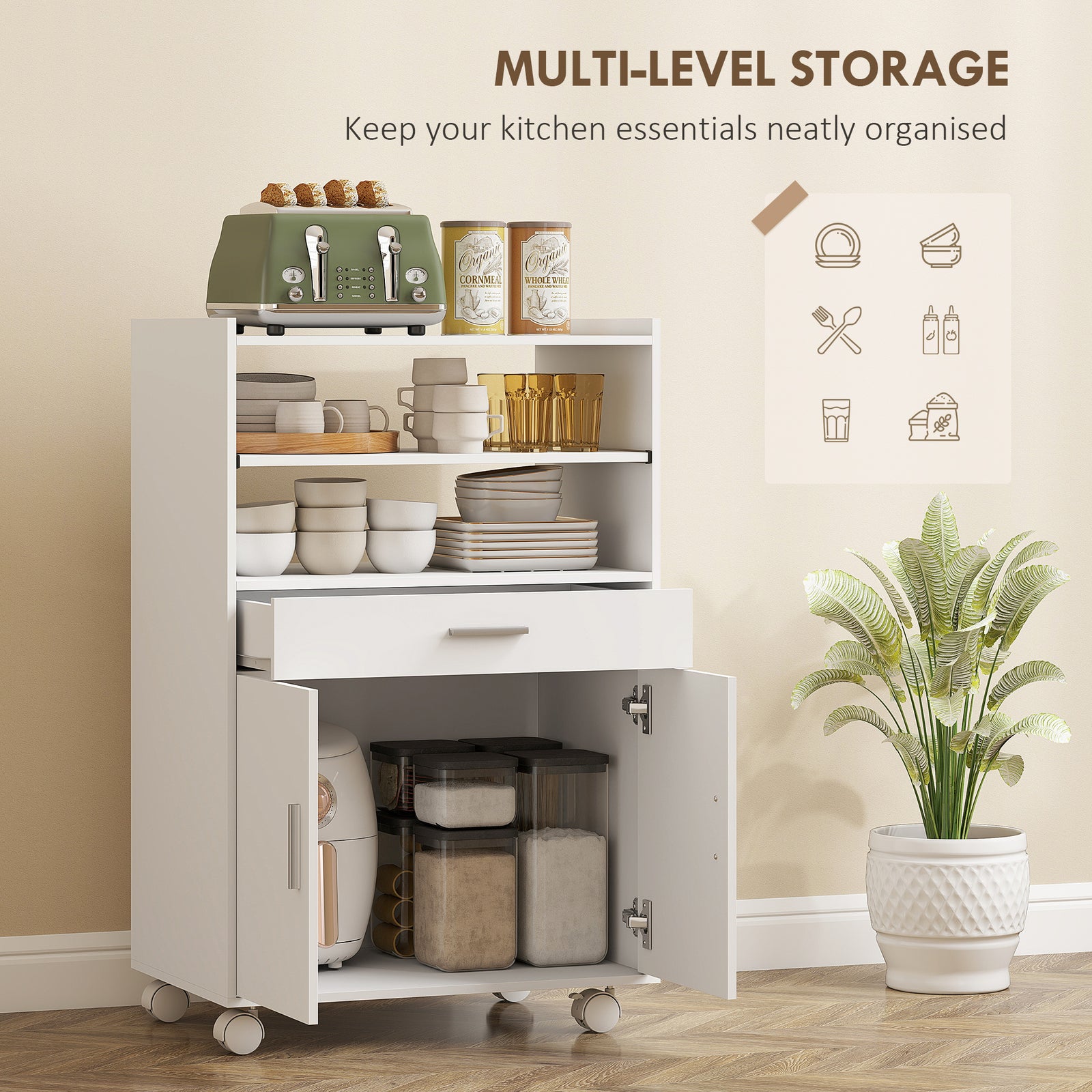Kitchen Trolley with Wheels, Modern Mobile Microwave Stand with Slide-