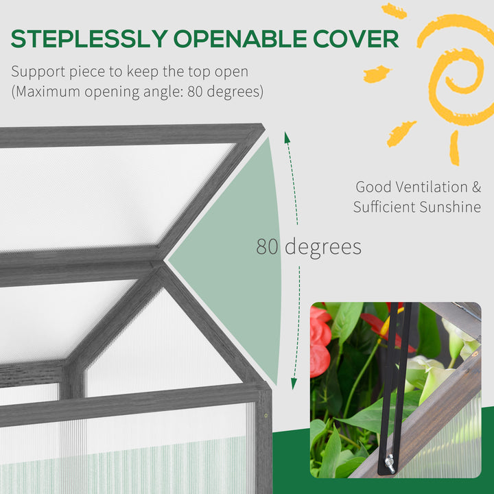 Wooden Cold Frame Garden Polycarbonate Greenhouse with Openable Top Cover, Grow House for Flowers, Vegetables, Plants, 90 x 52 x 50cm, Grey