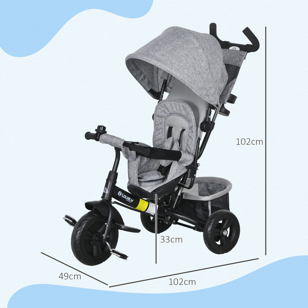 6 in 1 Kids Trike with Parent Handle, Canopy, 5-point Safety Belt, Storage, Footrest, Brake, for 1-5 Years, Grey