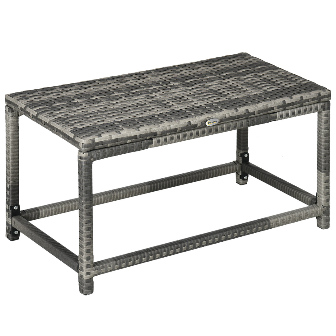 Outdoor Coffee Table, Garden PE Rattan Side Table with Plastic Board Under the Full Woven Table Top and Rectangular Frame for Patio, Balcony, Mixed Grey