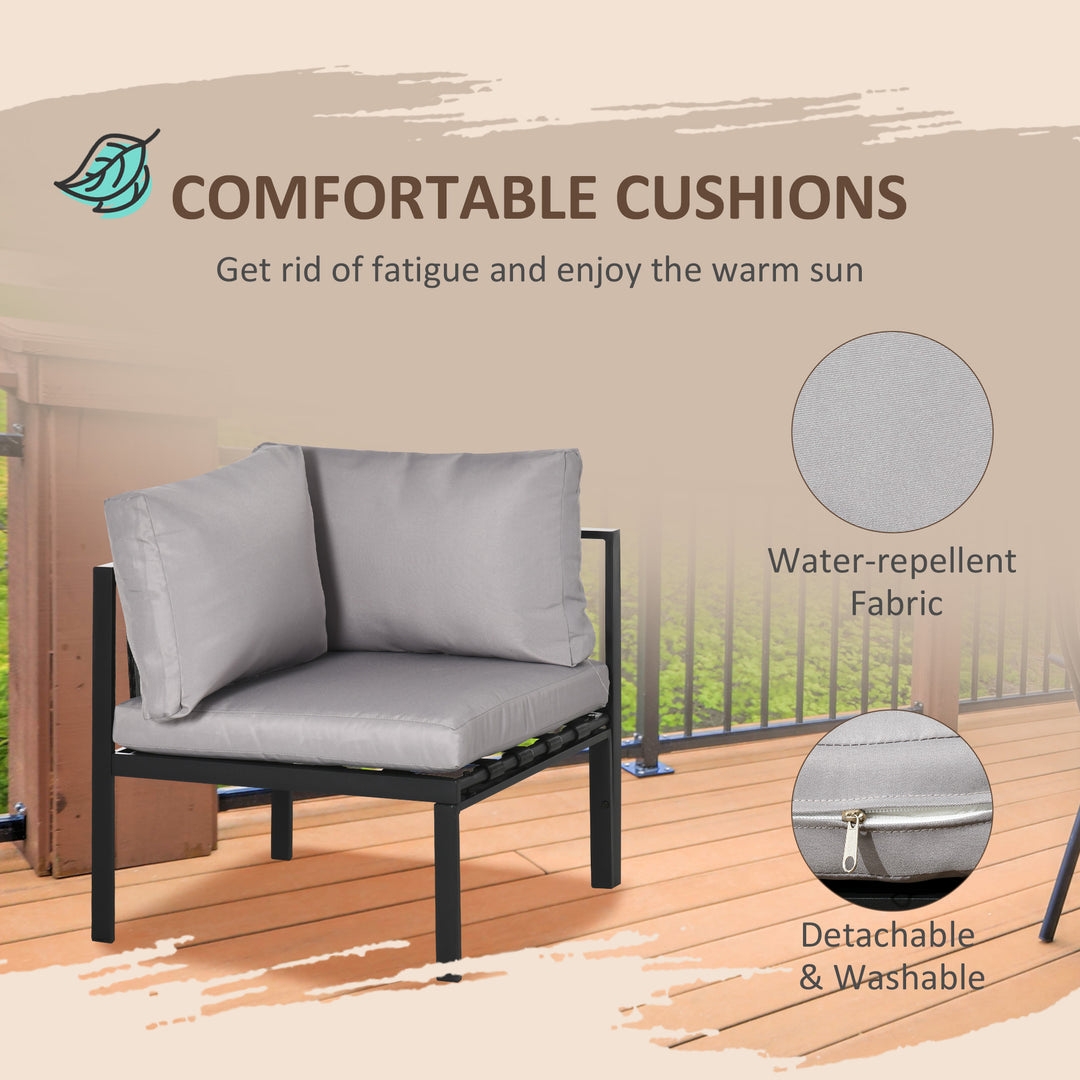 Outsunny 4 Piece Garden Furniture Set Metal Sofa Set w/ Tempered Glass Coffee Table, Conversational Corner Sofa Loveseat w/Padded Cushions Light Grey