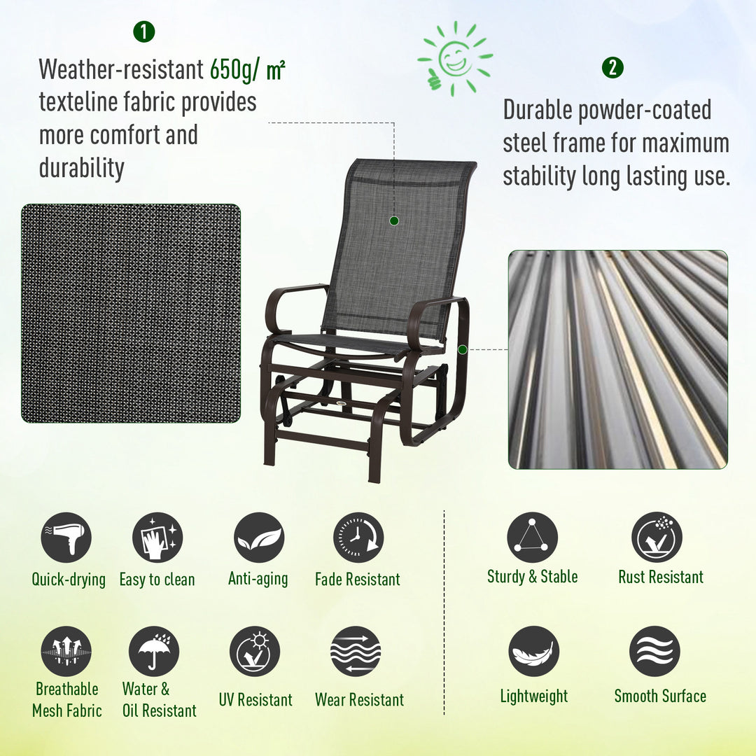 3 Pieces Garden Gliding Chair Set, Metal Frame 2 Single Armchair Swing Seater and 1 Glass Top Coffee Table w/ Breath Mesh Fabric Seat, Brown