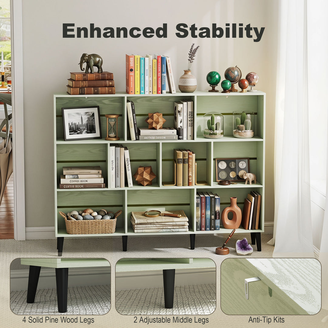 10-Cube Bookcase, 3-Tier Book Shelf with Solid Wood Legs, 140 cm Moder