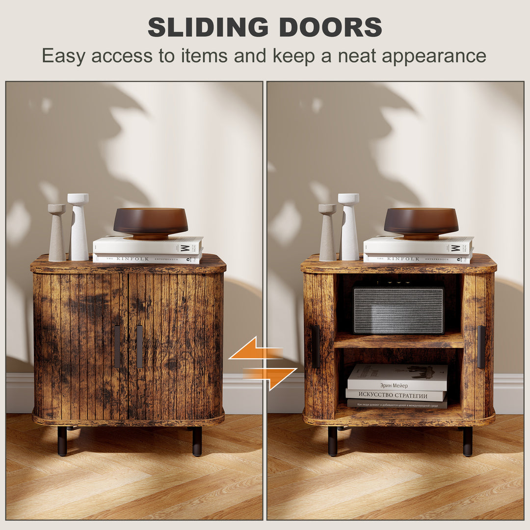 Bedside Table, Nordic Side Table with Roller Shutter Style Sliding Doors and Metal Legs for Bedroom, Living Room, Rustic Brown
