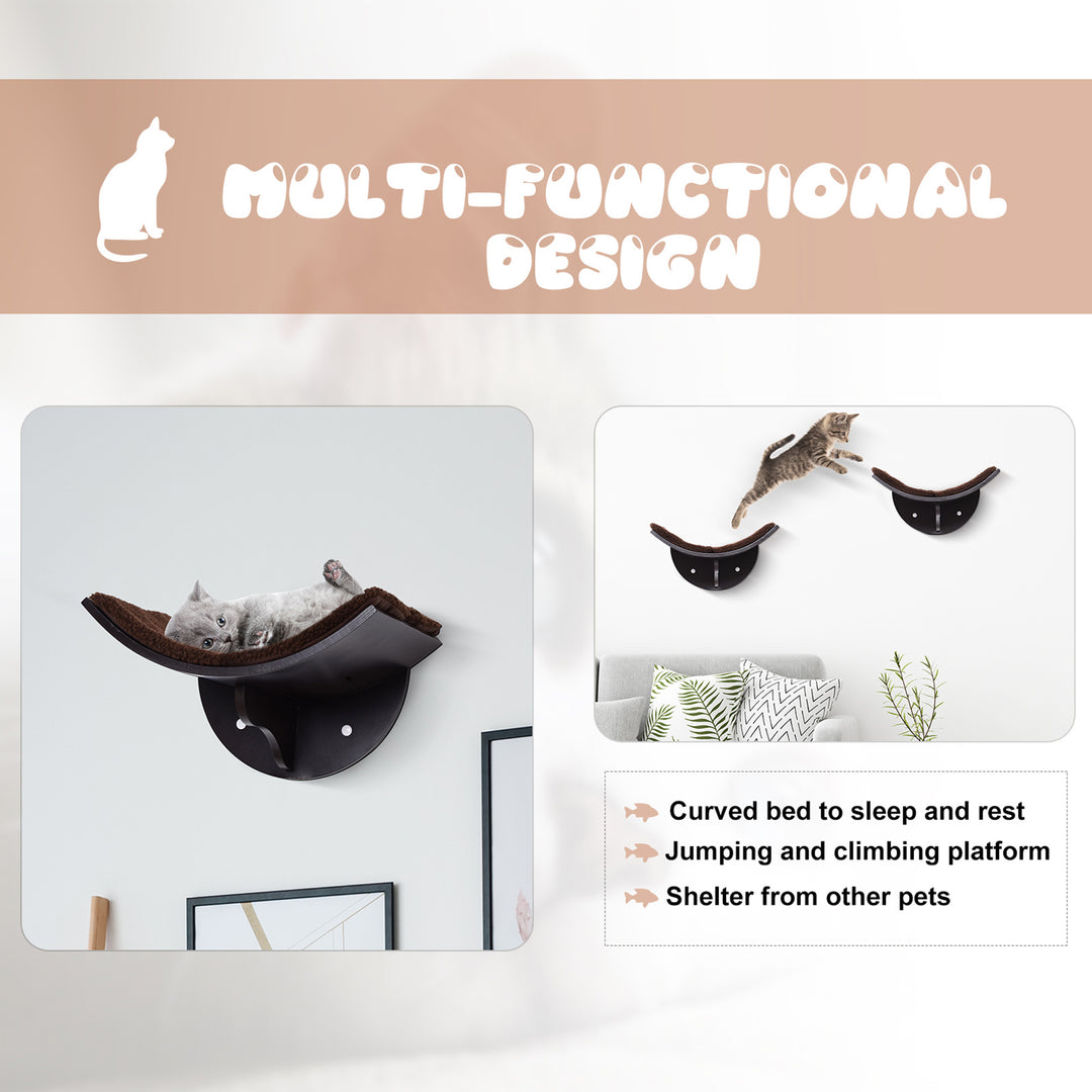 Wood Cat Shelves, Wall-Mounted Cat Shelter, Curved Kitten Bed Perch Climber Furniture 41 x 28 x 21cm Brown