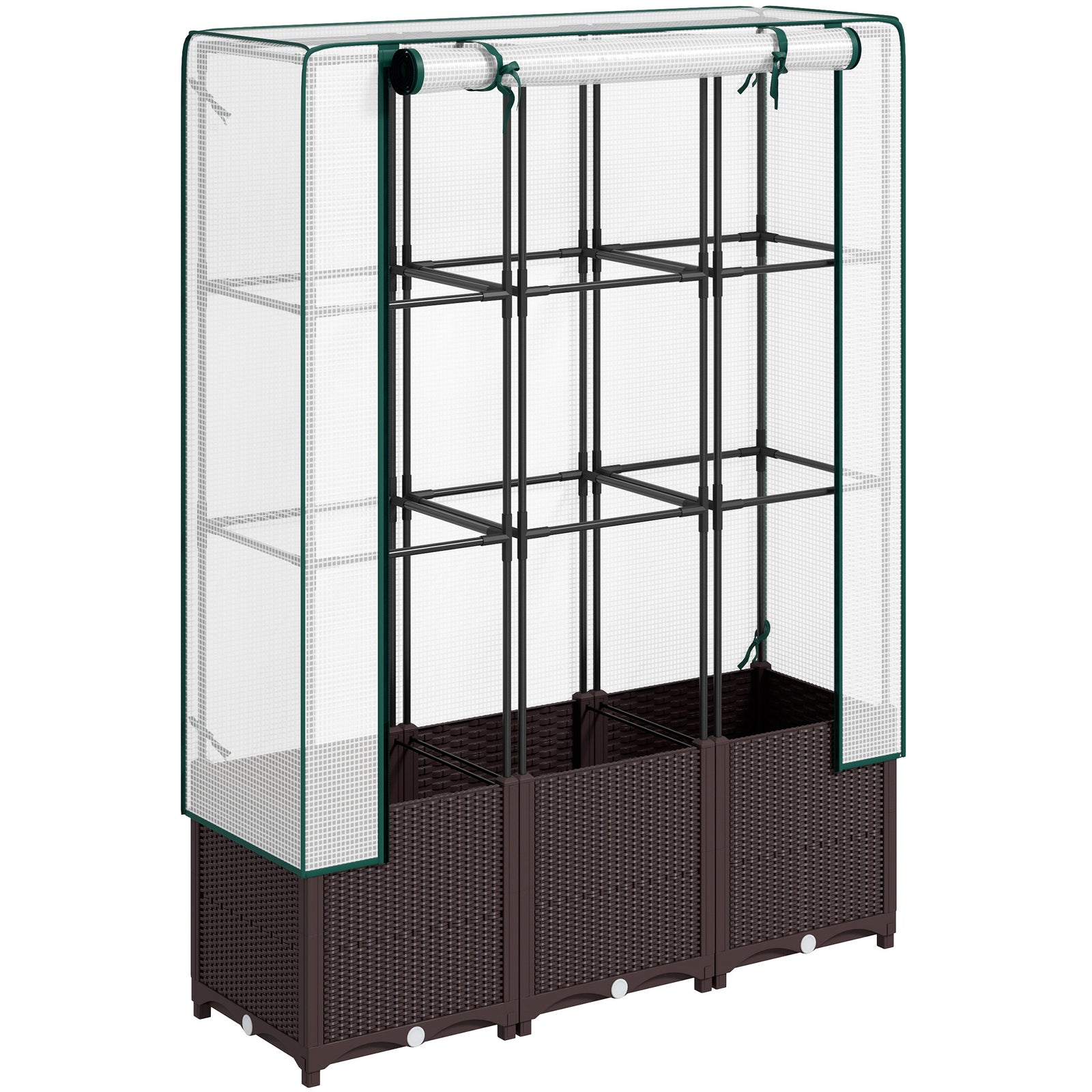 Raised Garden Bed with Trellis, Plastic Planter Box with PE Cover, Drainage Holes, Drain Plugs and Water Reservoirs for Climbing Plants, Vegetables, Flowers, 120 x 40 x 140 cm