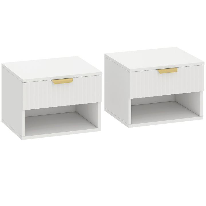 MCL Floating Nightstands Set of 2, Modern Wall Mounted Bedside Tables with Fluted Drawer and Open Shelf for Bedroom, White