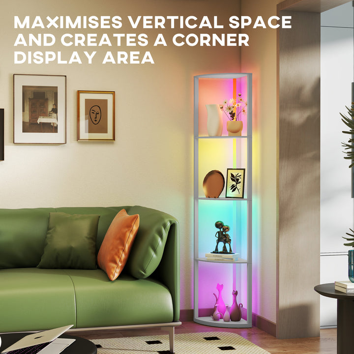 RGB LED Floor Lamp with Shelves, 5-Tier Dimmable Standing Lamp with Adjustable Brightness and Remote Control, Modern Corner Display Shelf Unit for Living Room Bedroom Office, Grey