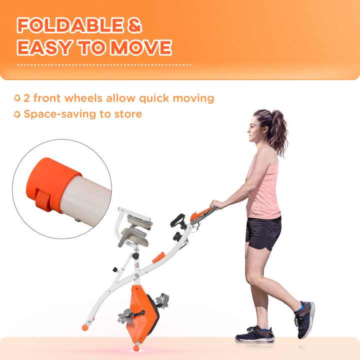 HOMCOM 2-in-1 Upright Exercise Bike Stationary Foldable Magnetic Recumbent Cycling with Arm Resistance Bands Orange | Aosom UK