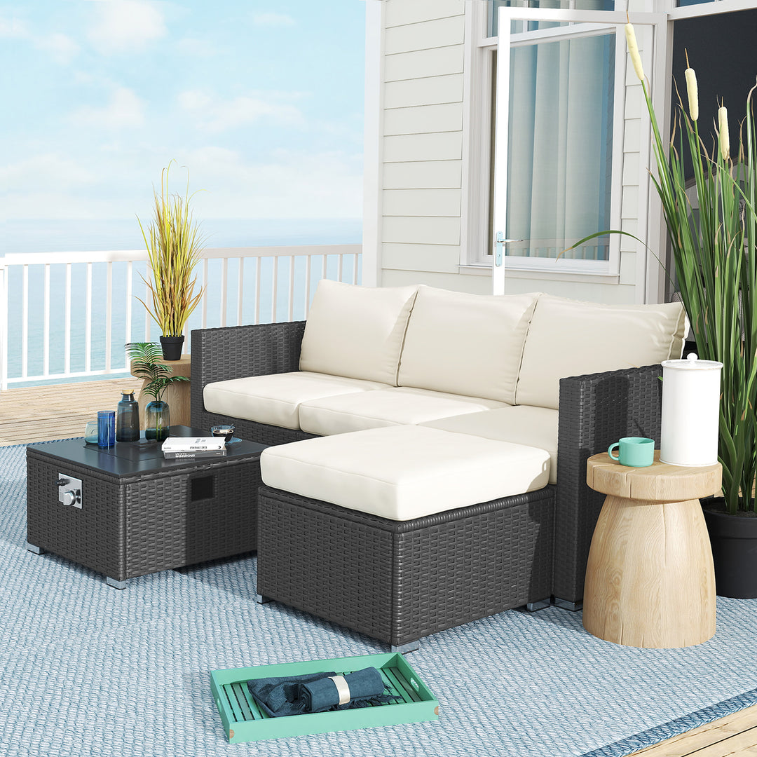 Five Piece Rattan Garden Furniture Set with Gas Fire Pit Table and Footstool - Black and Cream White