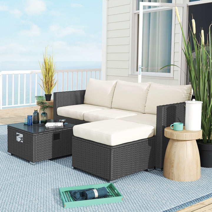 Five Piece Rattan Garden Furniture Set with Gas Fire Pit Table and Footstool - Black and Cream White