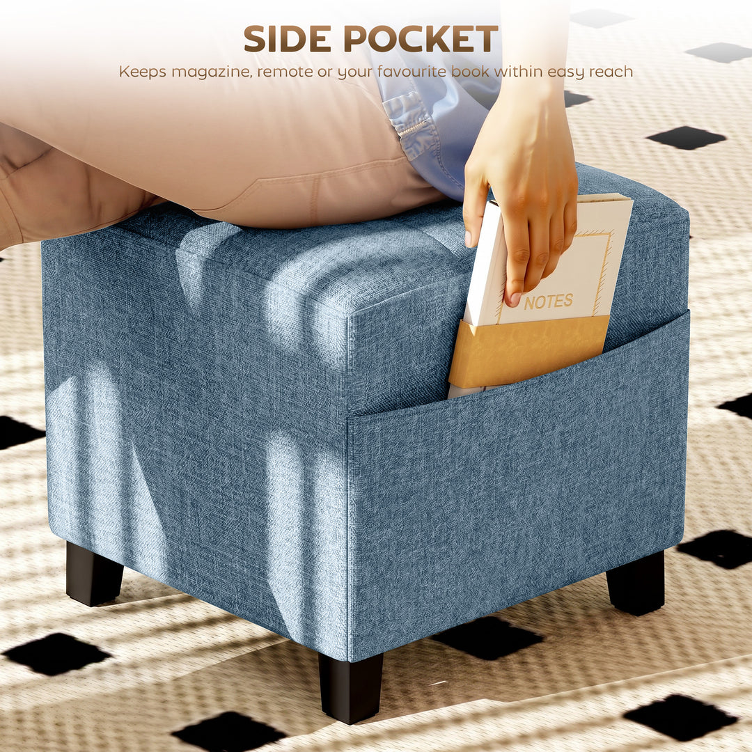Small Ottoman, Square Footstool with Side Pocket, Rubber Wood Legs and