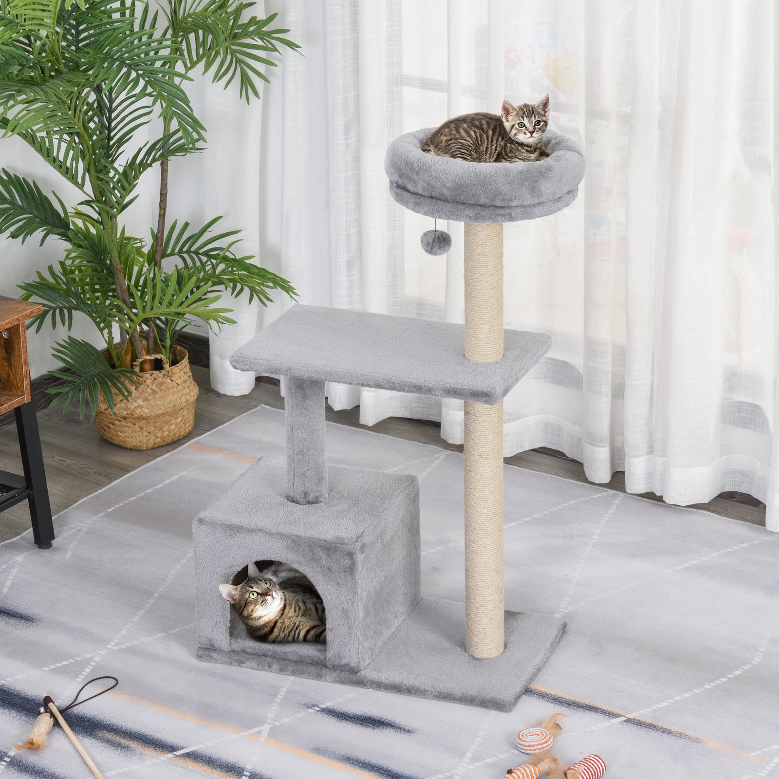 96cm Cat Tree for Indoor Cats Condo Sisal Scratching Post Cat Tower Kitten Play House Dangling Ball Activity Center Furniture Grey