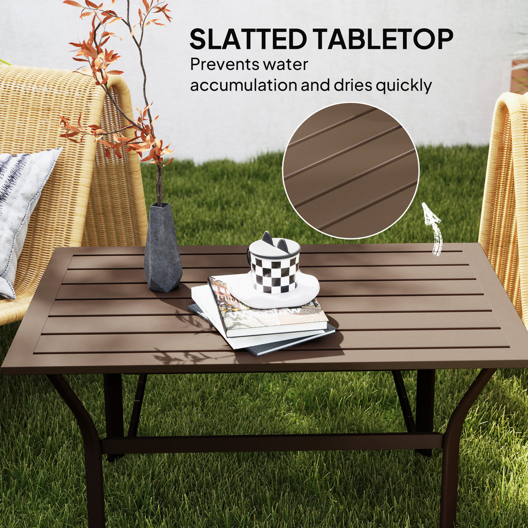 Metal Garden Coffee Table, Rectangular Outdoor Side Table with Slatted Tabletop, Foot Pads for Outside, Garden, Balcony, Porch, 91.5 x 55 x 45cm, Brown