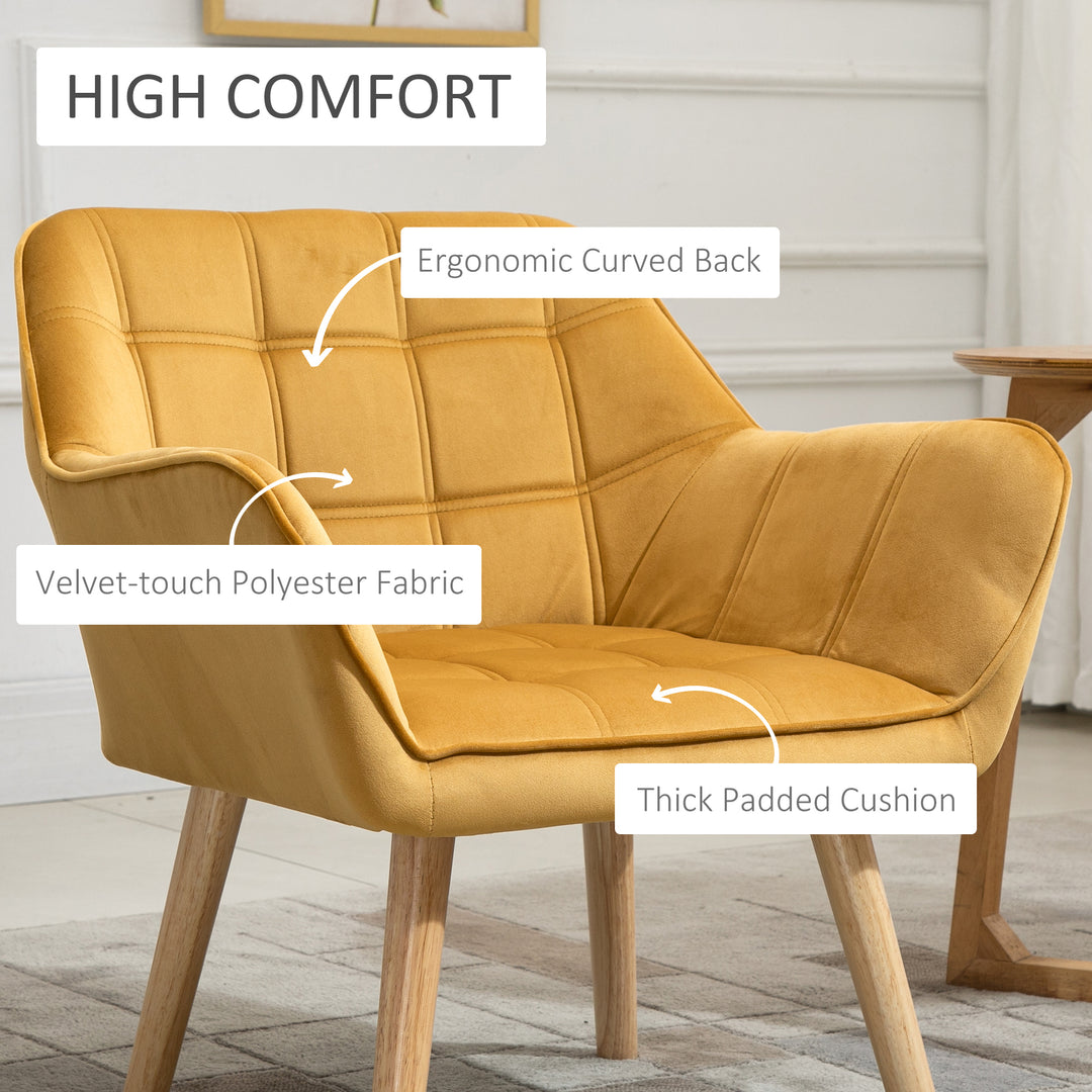 Armchair Accent Chair, Vanity Chair with Wide Arms, Slanted Back, Padding, Metal Frame, Wooden Legs, Home Bedroom Furniture Seating, Set of 2, Yellow
