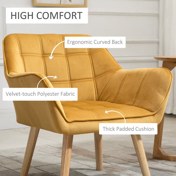 Armchair Accent Chair, Vanity Chair with Wide Arms, Slanted Back, Padding, Metal Frame, Wooden Legs, Home Bedroom Furniture Seating, Set of 2, Yellow
