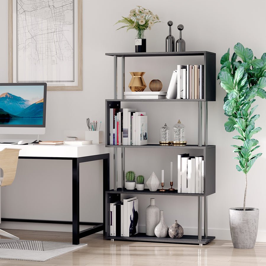 S Shape Bookcase, 5 Tiers Bookshelf, Modern Freestanding Storage Shelf for Home Office, Study, Living Room, 80 x 30 x 145cm Black