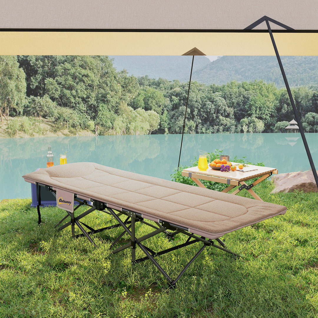 Folding Camping Bed for Adults with Cushion, Heavy Duty Portable Travel Camping Cot with Headrest, Side Pocket and Non-Slip Foot Pads for Outdoor Beach Travel Office, Khaki