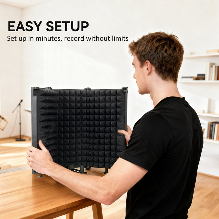 Studio Microphone Isolation Shield, Foldable Adjustable Recording Studio Equipment, 3-Panel High Density Absorbent Foam Shield with 3/8" Threaded Mount