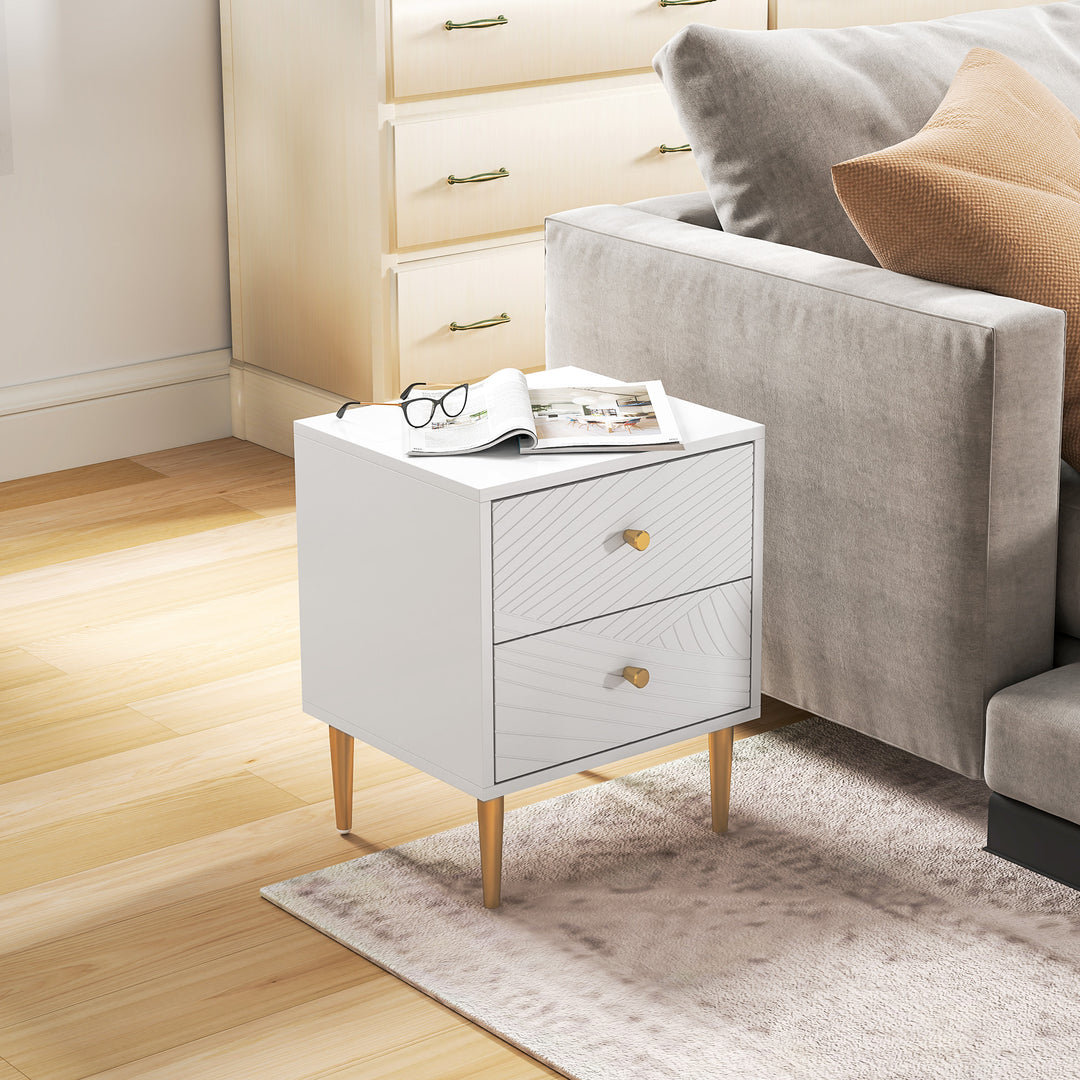 Elegant Two-Drawer Bedside Table - White/Gold-Tone